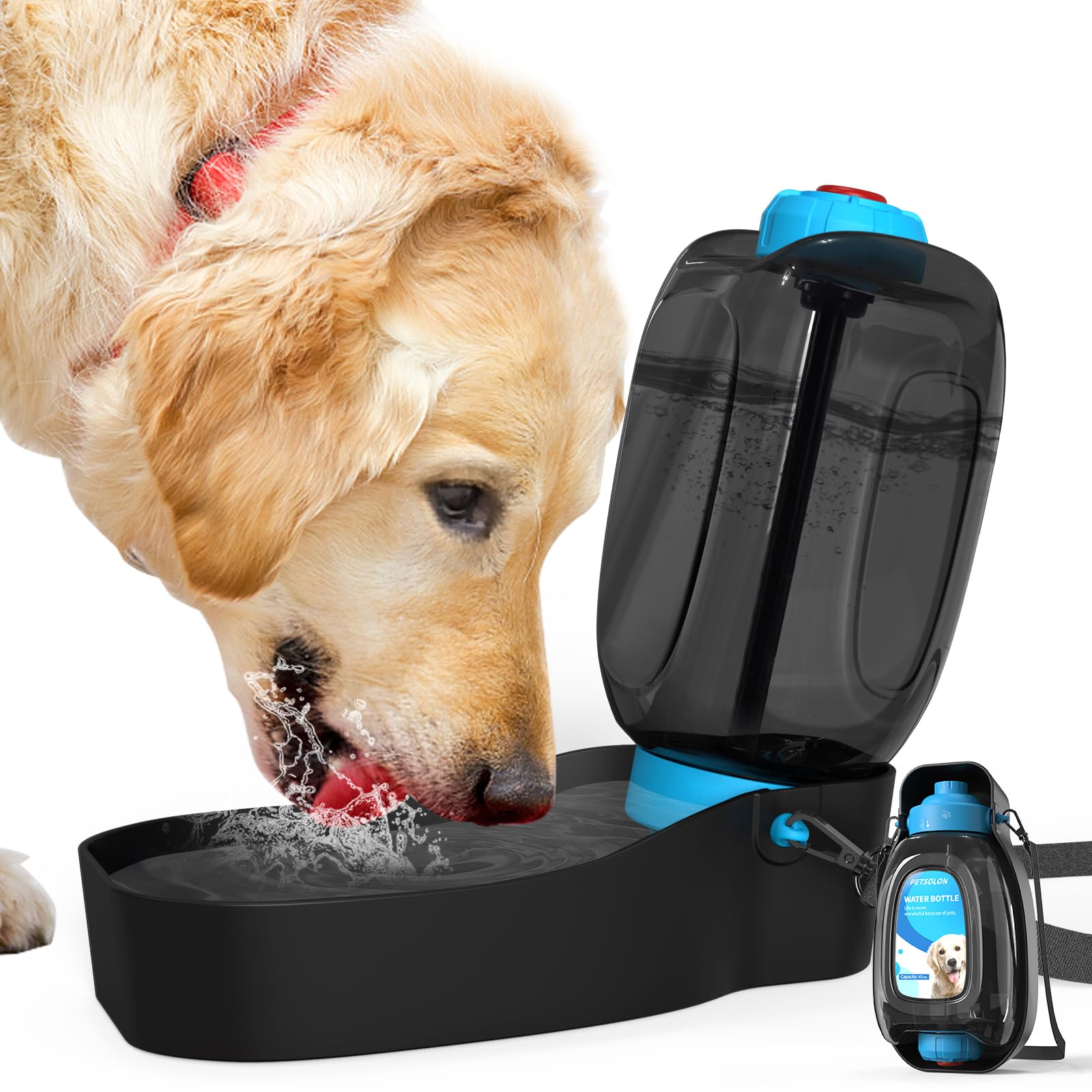 **PETSOLON 45oz Leakproof Portable Dog Water Bottle with Foldable Bowl - Large Travel Pet Water Dispenser for Hiking, Training, Walking & Outdoor Adventures - Blue**