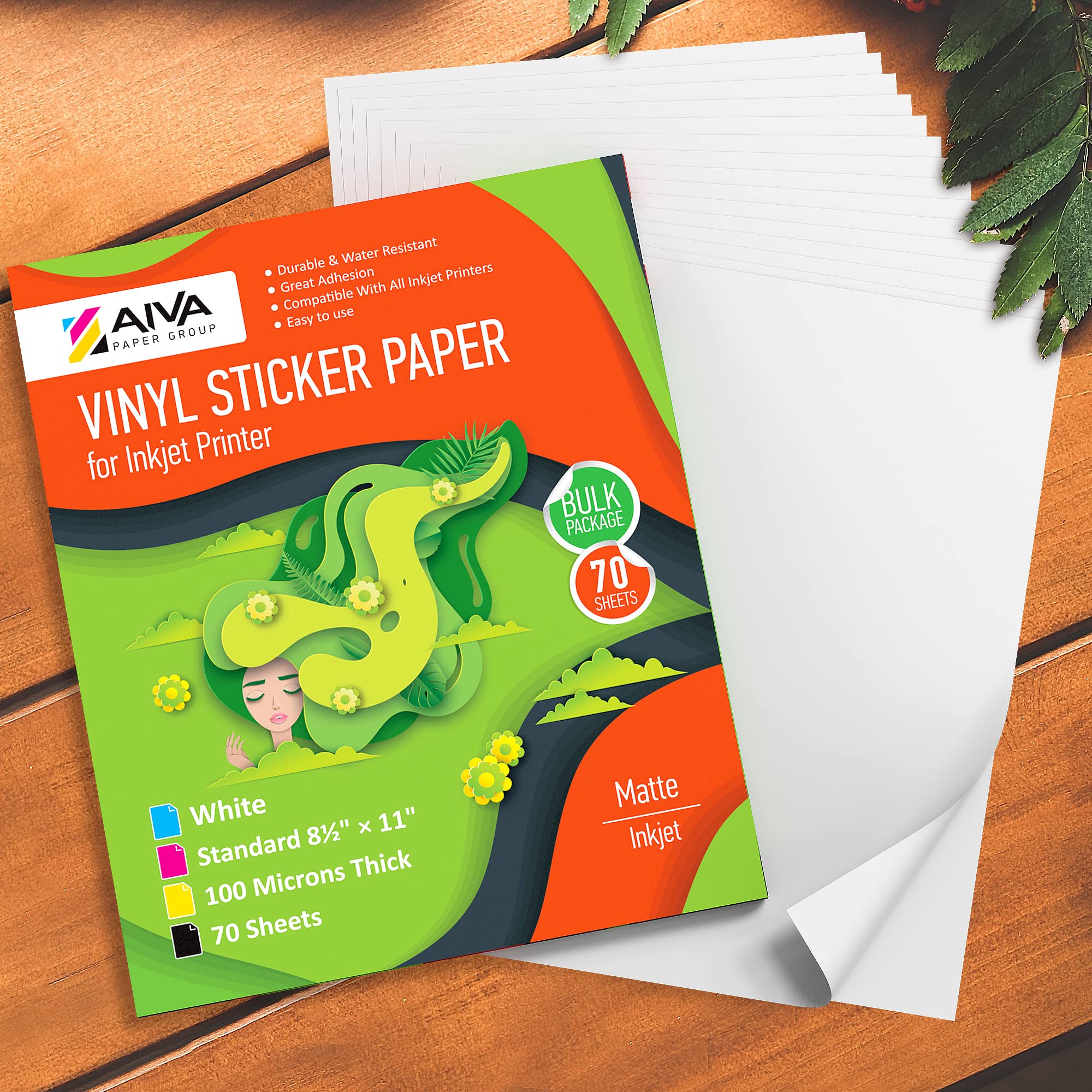 Waterproof Printable Vinyl Sticker Paper for Inkjet Printers - 70 Self-Adhesive Matte White Sheets - 8.5