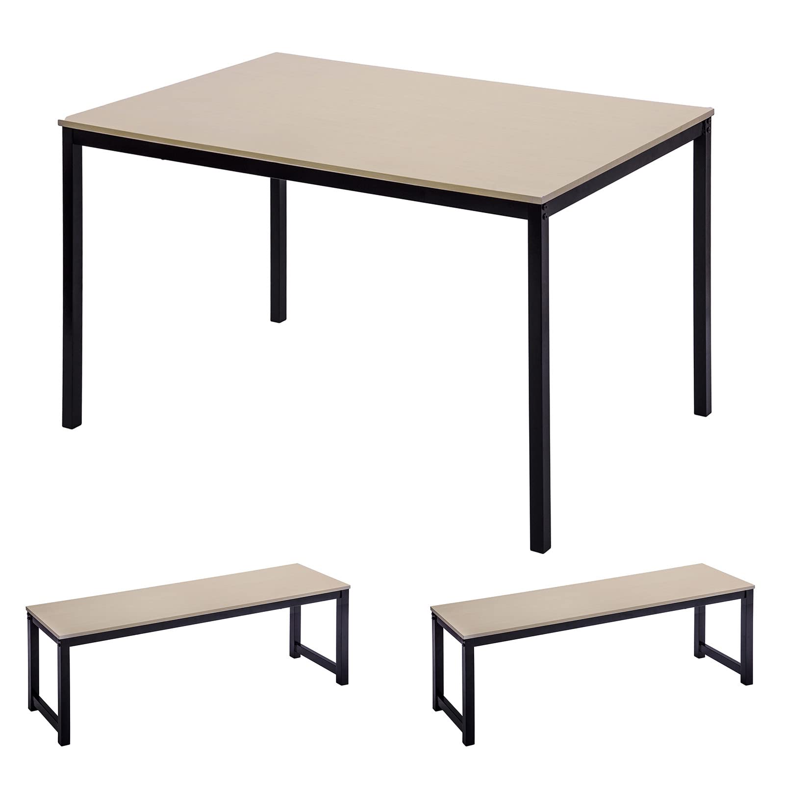 1 Set Wooden Dining Table and Chairs with 2 Benches - Sturdy & Comfortable Home Furniture Set for Kitchen, Dining Room, or Outdoor Patio - Beige