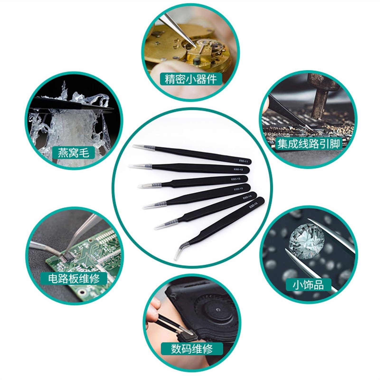 Anti-Static Stainless Steel Tweezers Set - ESD Safe Precision Tweezers for Electronics Repair, Eyebrow Grooming & Jewelry Making (14-Piece, Black) - Perfect for DIY, Lab Work & Beauty Maintenance