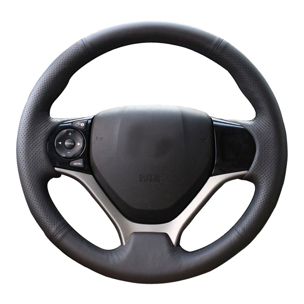 Premium DIY Genuine Leather Steering Wheel Cover - Hand Stitched Black Wrap for Honda Civic 2012-2015 - 13.5-14.5 Inch Custom Fit - Black Thread - Interior Car Accessories - Perfect for Commuting & Road Trips