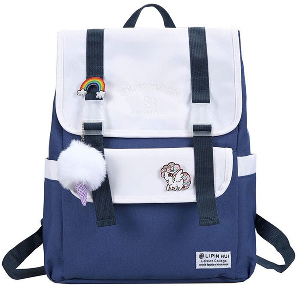 Cute Aesthetic Kawaii Backpack for School - Dark Blue with Accessories | Stylish Laptop Backpack for Women & Teens | Perfect for College, Travel & Everyday Use