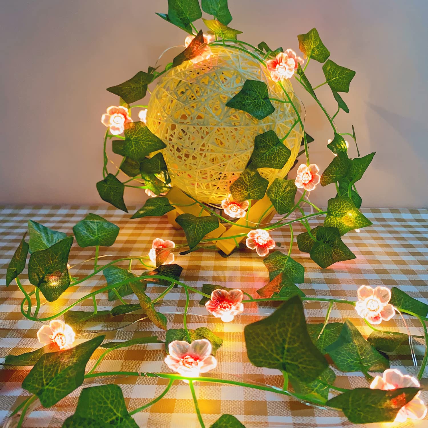 20 LED Cherry Blossom String Lights with Green Leaves - 6.56ft Battery Powered Floral Fairy Lights for Bedroom Decor, Wedding, Valentine's Day | Indoor Outdoor Waterproof Decorative Lighting for Girls Room, Garden Party & Romantic Ambiance