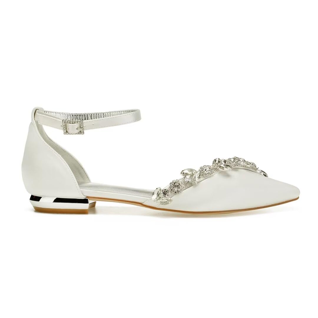 Elegant Satin Rhinestone Wedding Shoes for Bride – Pointed Toe Bridal Flats for Formal Dresses | Perfect for Church Ceremonies, Reception Parties & Bridal Showers