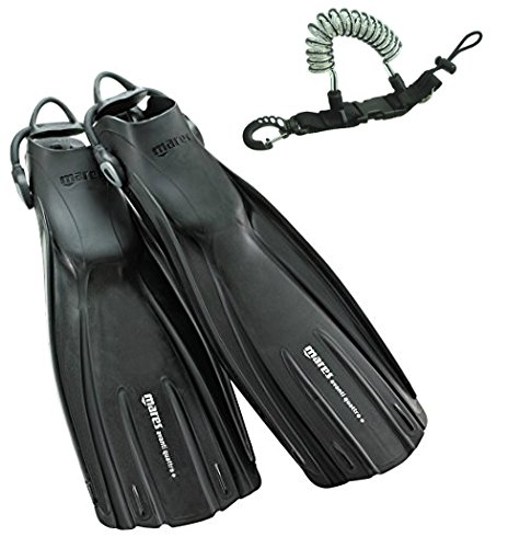 Mares Avanti Quattro Plus Open Heel Scuba Diving Fins with Bungee Strap & Lanyard Coil - Black | Professional Snorkeling & Freediving Gear for Ocean Adventures