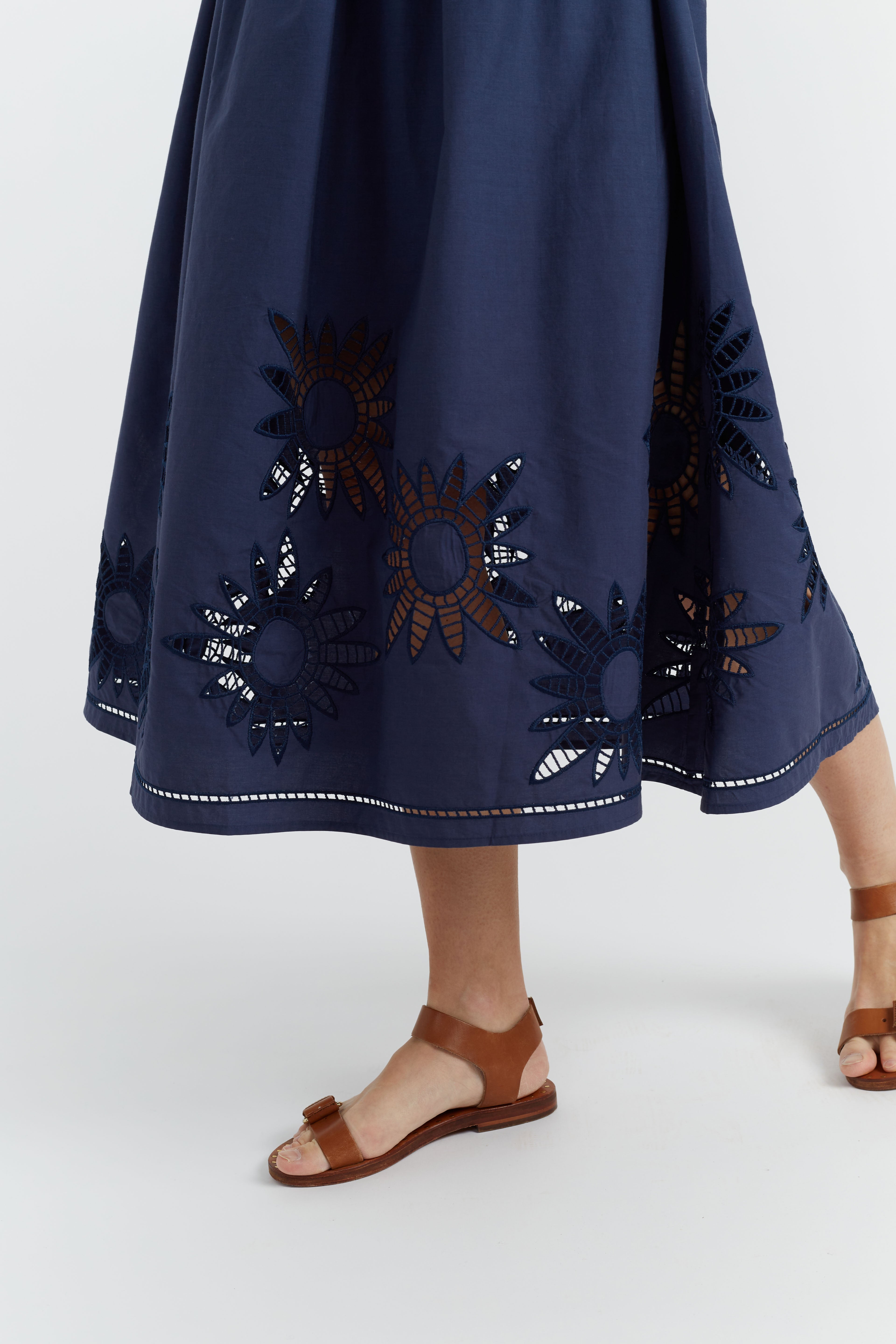 Navy Blue Cotton Lyocell Embroidered Dress for Women - Elegant Summer Casual Wear for Beach, Party & Vacation