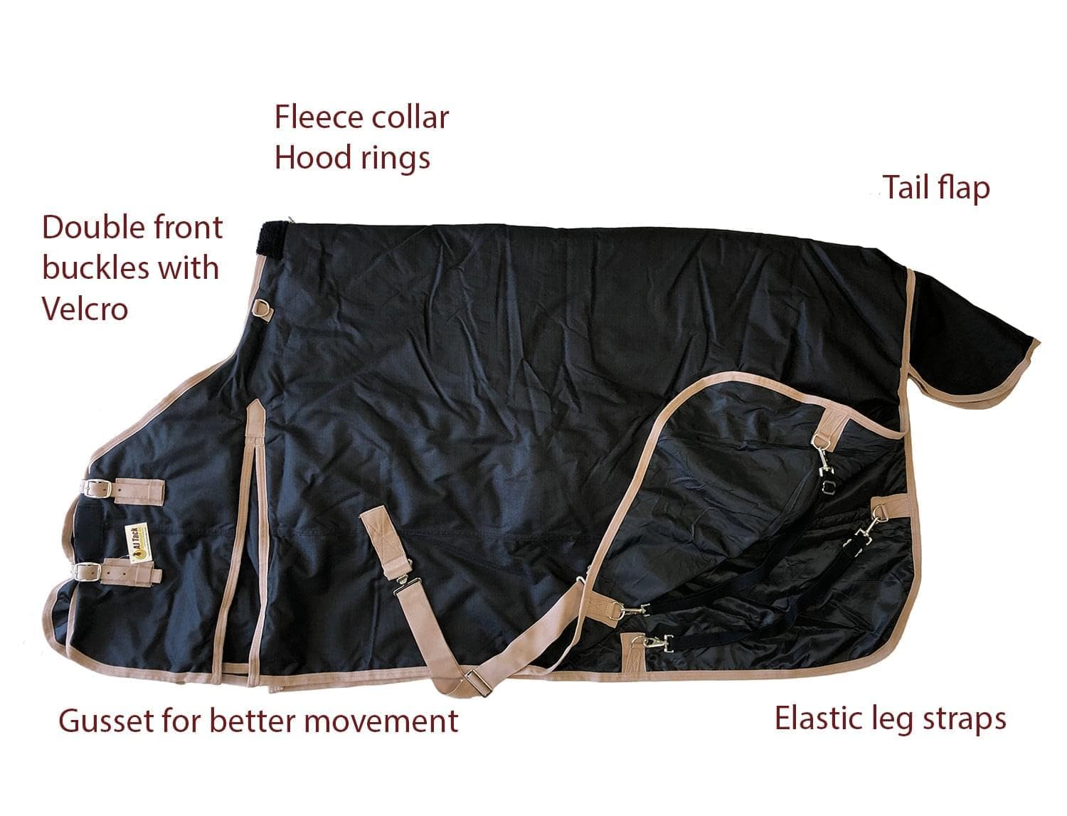 1200D Waterproof Heavyweight Horse Blanket - 400g Insulated Winter Turnout with Fleece Collar, Shoulder Gussets & Tail Flap - Black 78