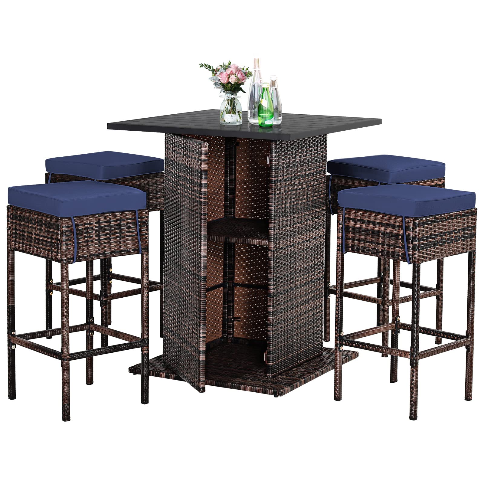 Tangkula 5-Piece Outdoor Rattan Bar Set with 4 Cushioned Stools & Storage Table - Navy Blue Patio Furniture for Poolside, Backyard, Lawn, Garden & Outdoor Entertaining