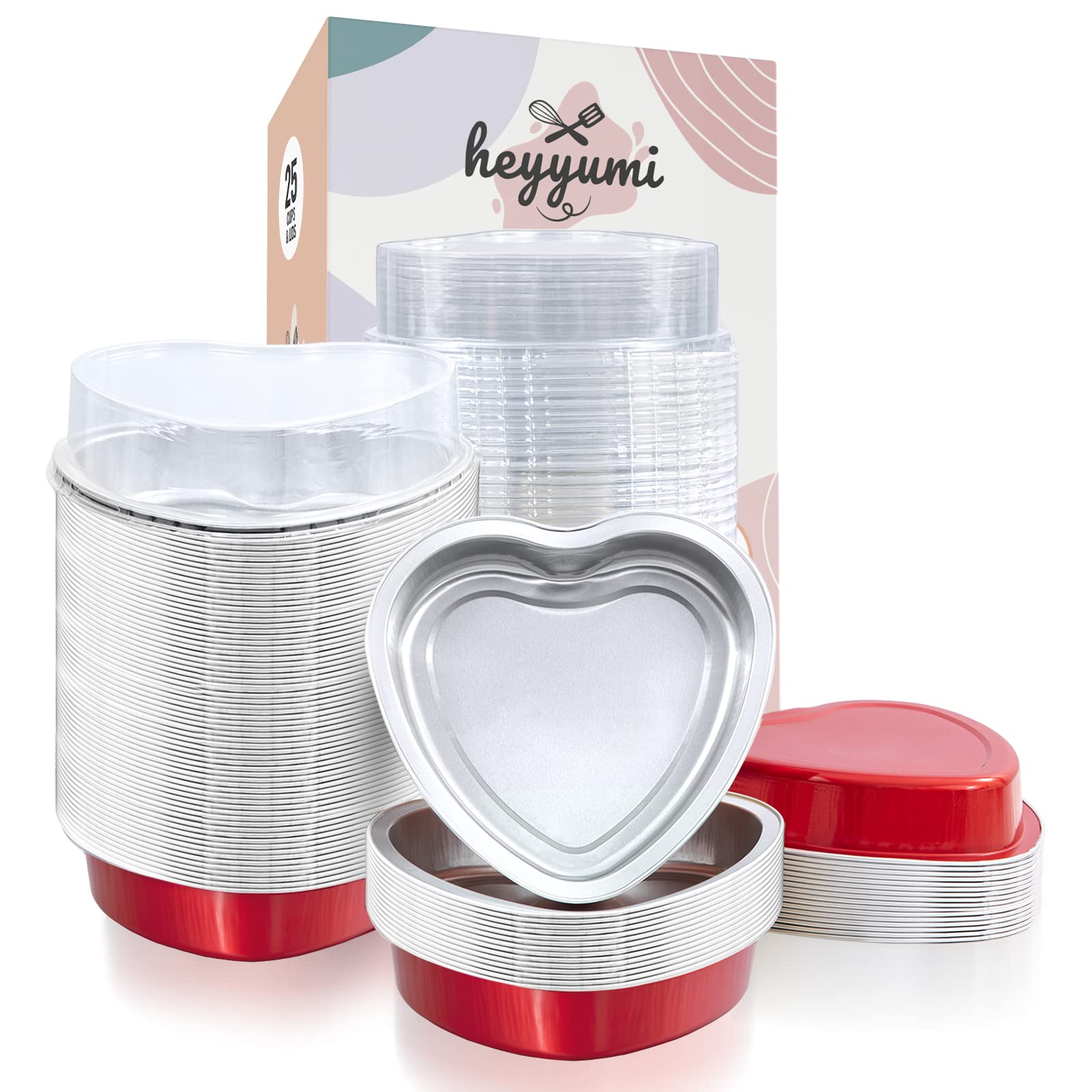 25-Pack 9oz Disposable Aluminum Foil Heart Shaped Cake Pans with Lids - Mini Baking Molds for Cupcakes, Muffins & Desserts - Perfect for Valentine's Day, Parties & Home Baking (Red)