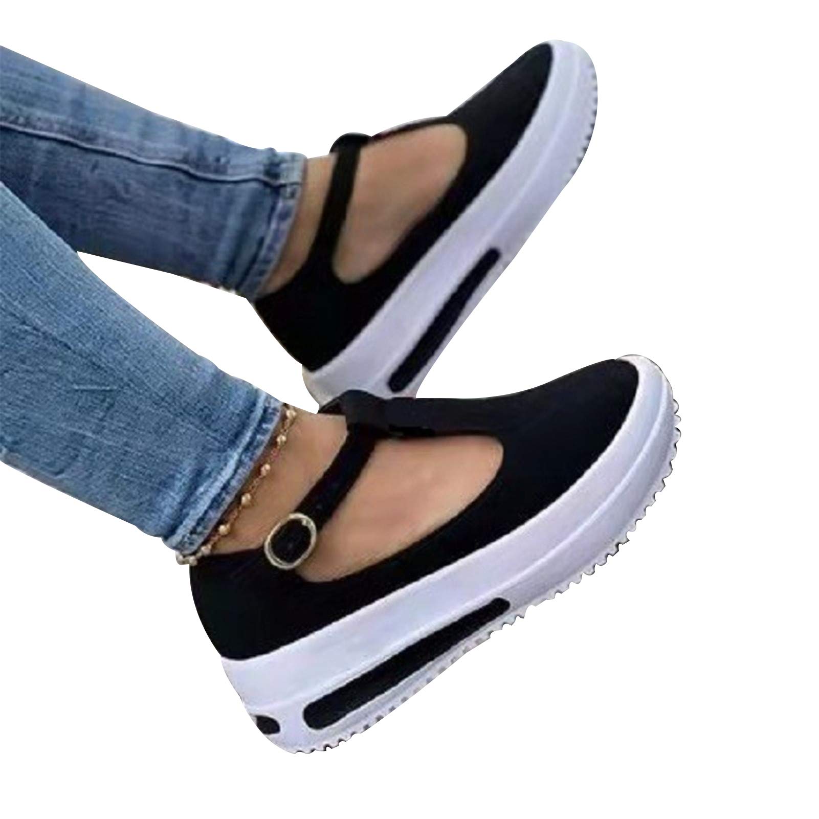 VELIHOME Women's Retro T-Strap Platform Loafers - Low Wedge Heel School Uniform Dress Shoes with Buckle Design | Comfortable Walking Shoes for Work, Office & Casual Outfits