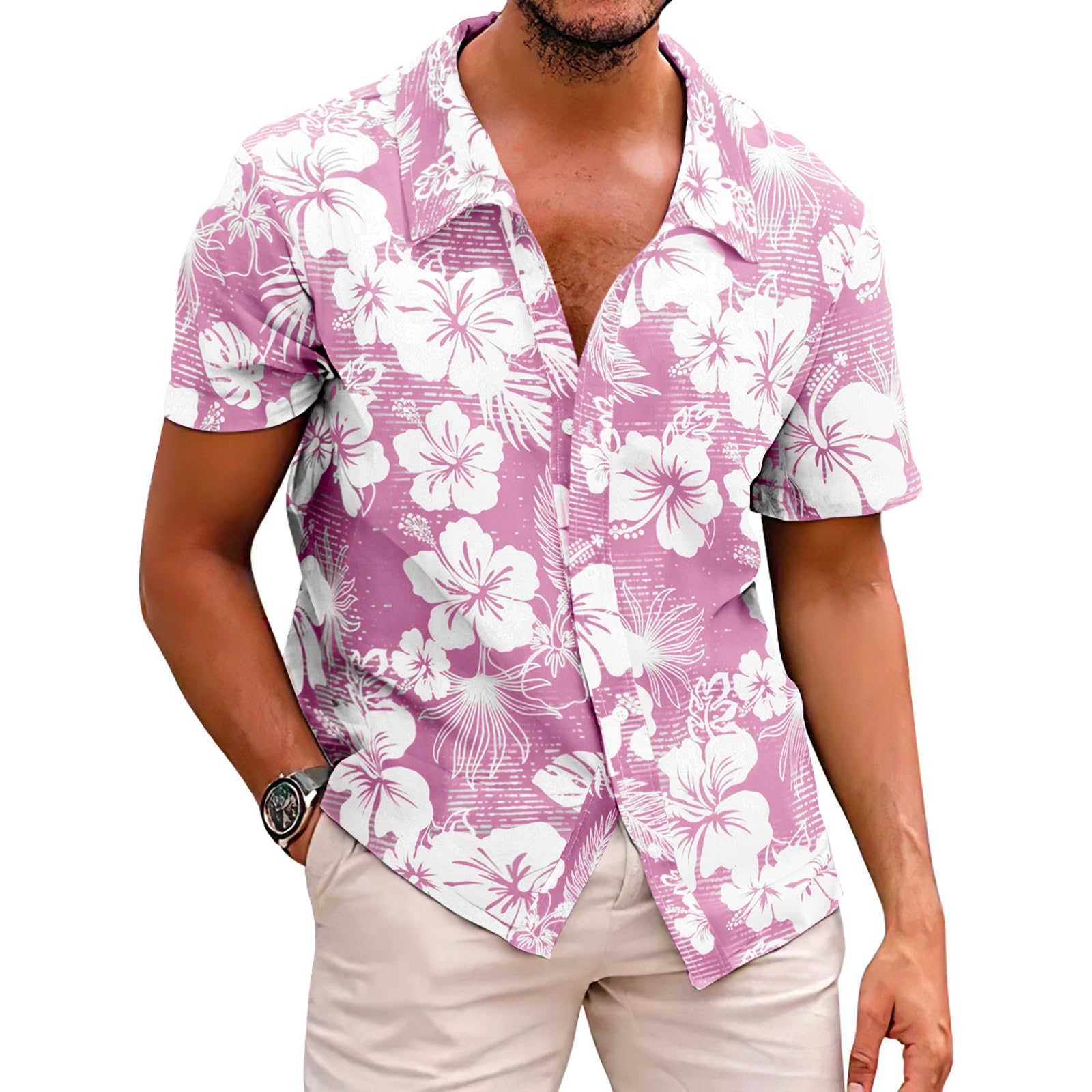 Men's Hawaiian Floral Shirt - Summer Casual Button Down Tropical Shirt for Beach Vacation, Luau Party & Summer Outfits | Lightweight Breathable Short Sleeve Shirt