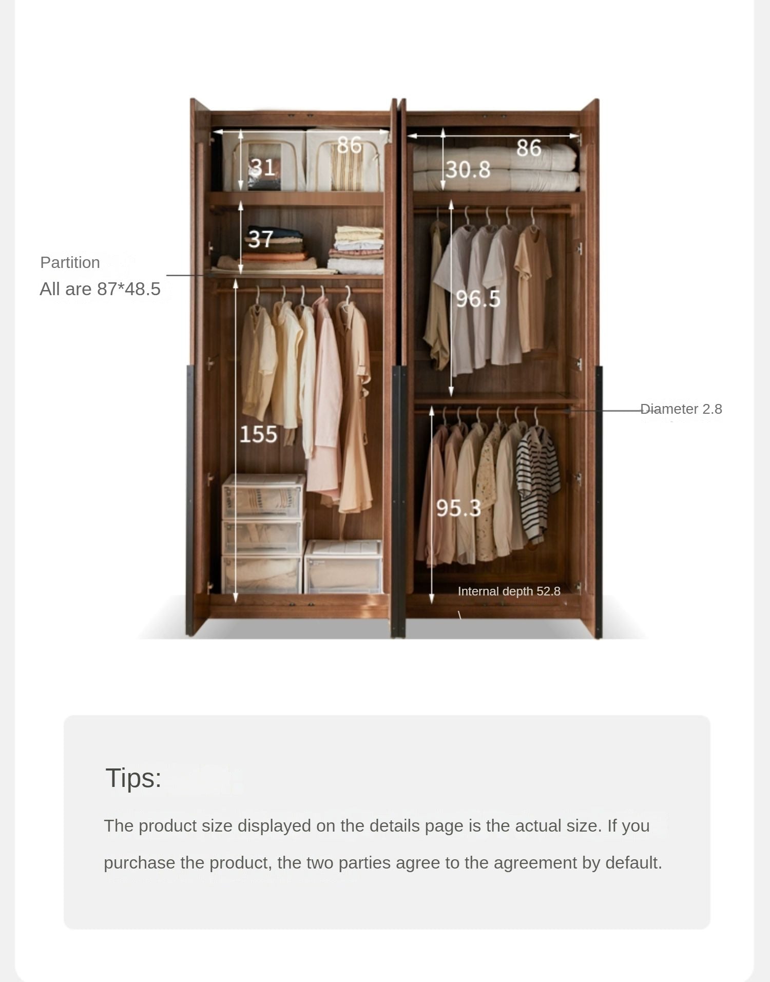 Solid Oak Wood Wardrobe - Spacious & Durable Closet Organizer for Bedroom, Living Room, or Walk-In Closet Storage