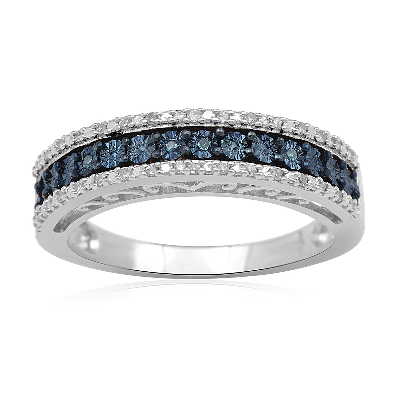 Jewelili 1/10 CTTW Genuine Natural Blue & White Diamond Sterling Silver Anniversary Ring for Women - Perfect Gift for Wife, Girlfriend, Mother's Day & Valentine's Day