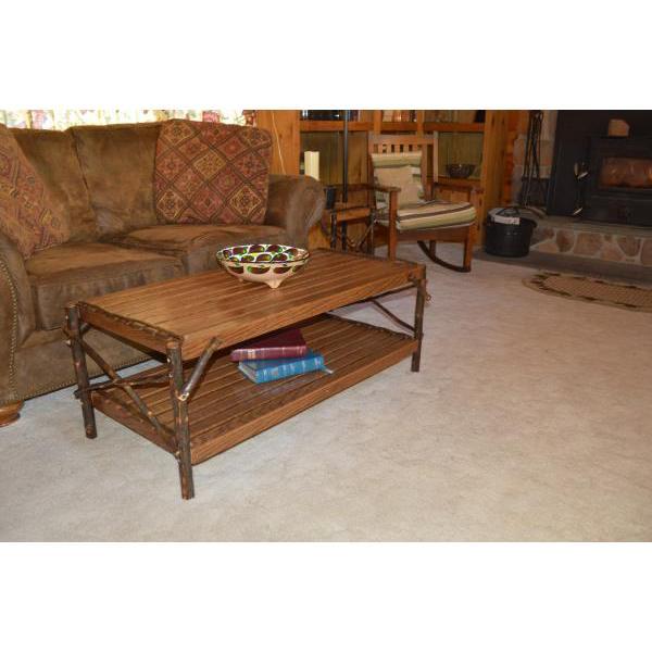 Solid Hickory Wood Coffee Table with Storage Shelf - Rustic Farmhouse Living Room Furniture for Home Decor & Entertainment Areas