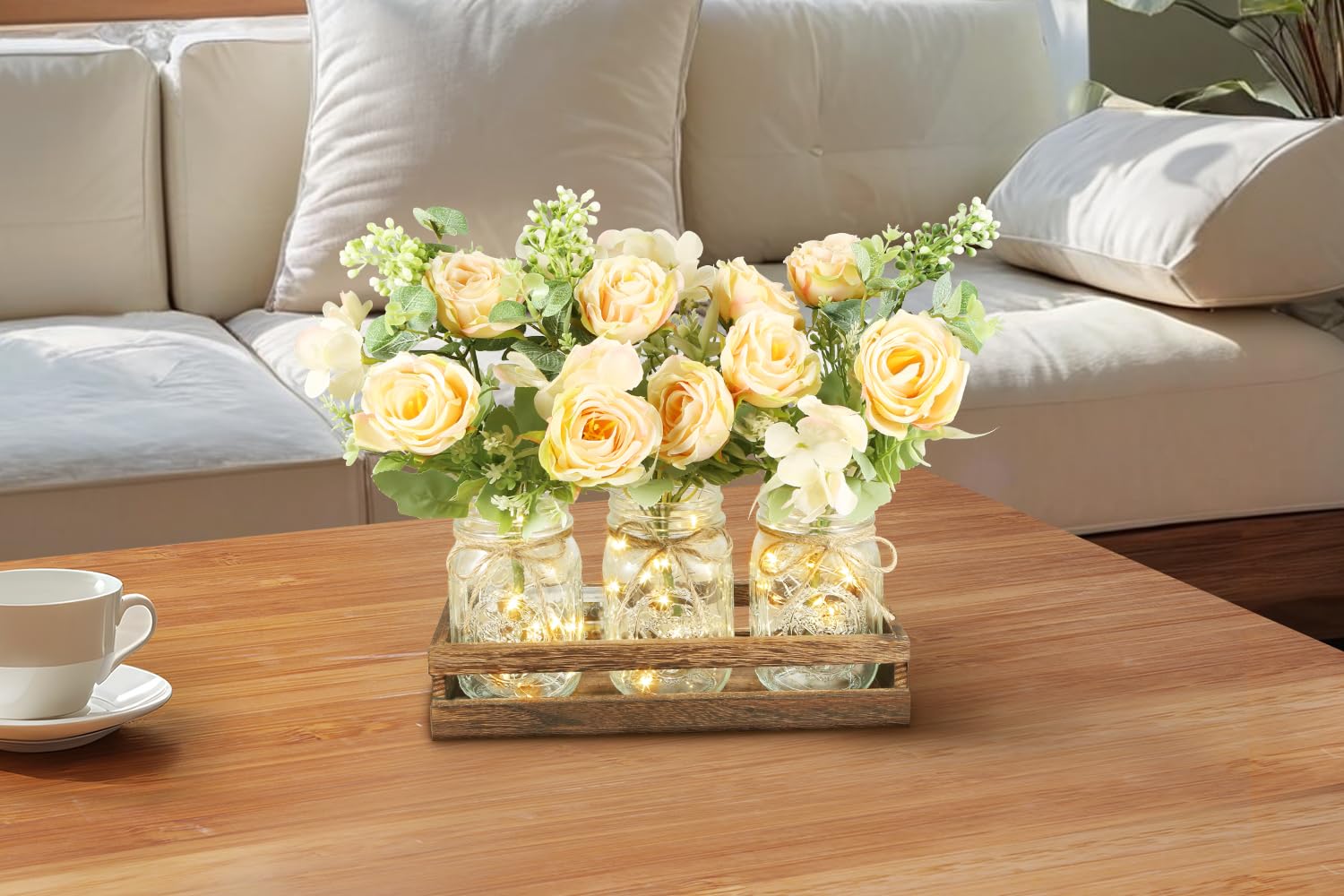 Rustic Mason Jar Lights with Wood Tray & Flowers - Farmhouse Table Centerpiece Decor for Kitchen, Dining Room, Living Room | Boho Table Runner & LED Lights for Cozy Home Ambiance