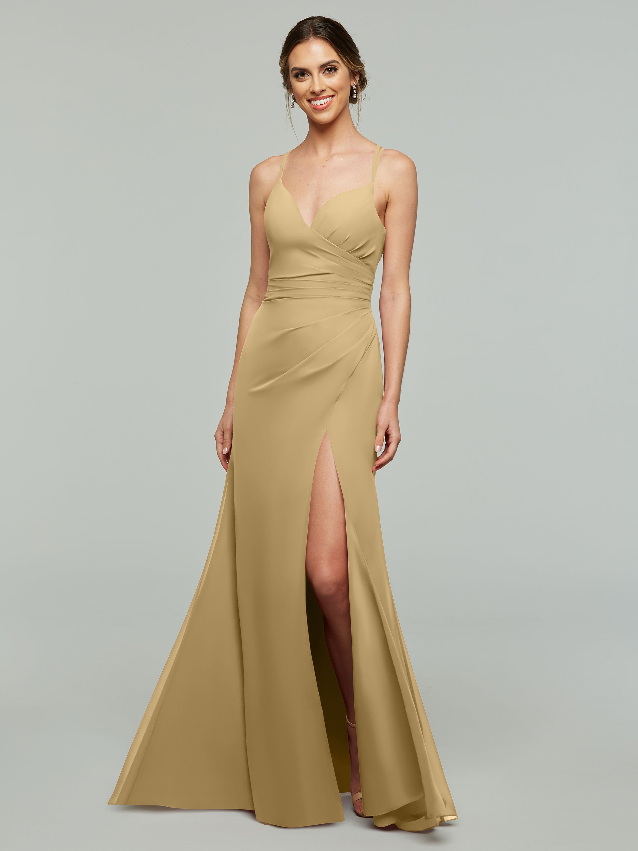 Elegant 80130 Chiffon Sheath Bridesmaid Dress with V-Neck & High Slit - Perfect for Weddings, Formal Events & Evening Parties