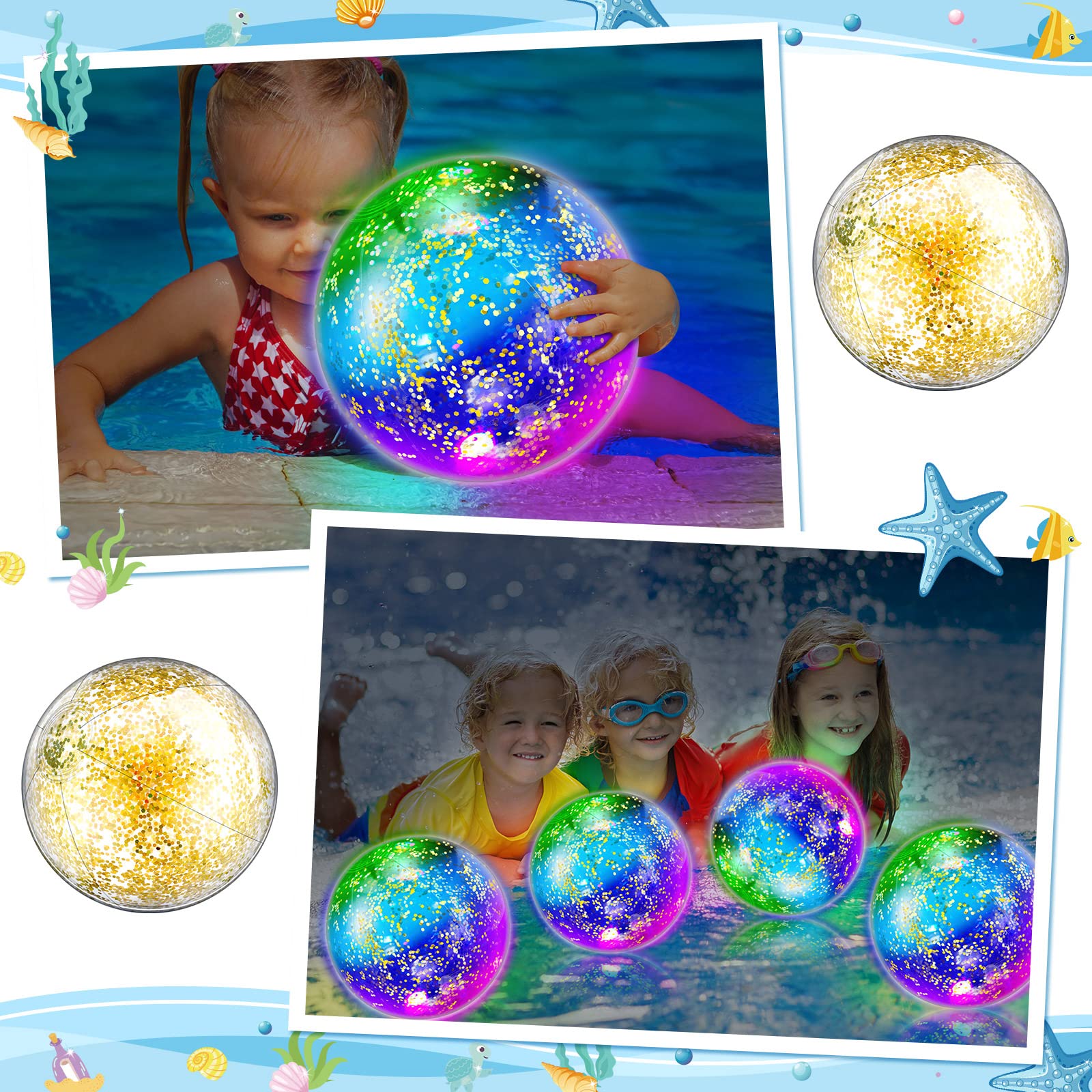 16 Pack LED Light Up Beach Balls - 9 Inch Glow in The Dark Pool Toys with Confetti Glitters for Summer Parties, Beach Games & Night Pool Fun - Bulk Inflatable Party Favors for Teens & Adults (Yellow)