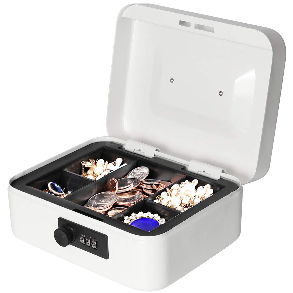 Jssmst Medium Cash Box with Combination Lock - Heavy Duty Metal Money Storage Box with Removable Tray (7.87 x 6.3 x 3.35 inches) - Perfect for Small Business, Home Office, Retail Store & Cash Handling Security