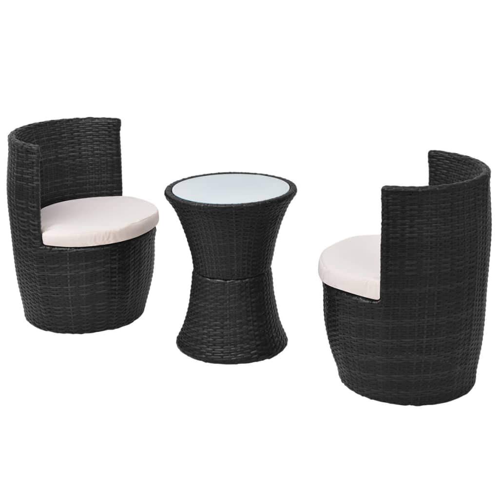 3-Piece Black Poly Rattan Bistro Set with Cushions - Outdoor Dining Table and Chairs for Kitchen, Pub, Garden, Backyard, Patio - Perfect for Breakfast, Coffee, and Relaxing in Indoor & Outdoor Spaces