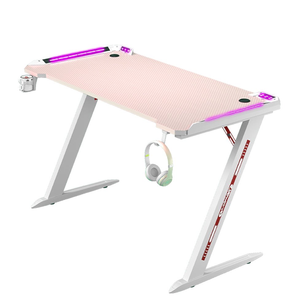 120cm RGB Gaming Desk with LED Lights - Carbon Fiber Z-Shaped Design for Home Office & PC Gaming - Pink (Perfect for Streamers, Esports & Workstations)