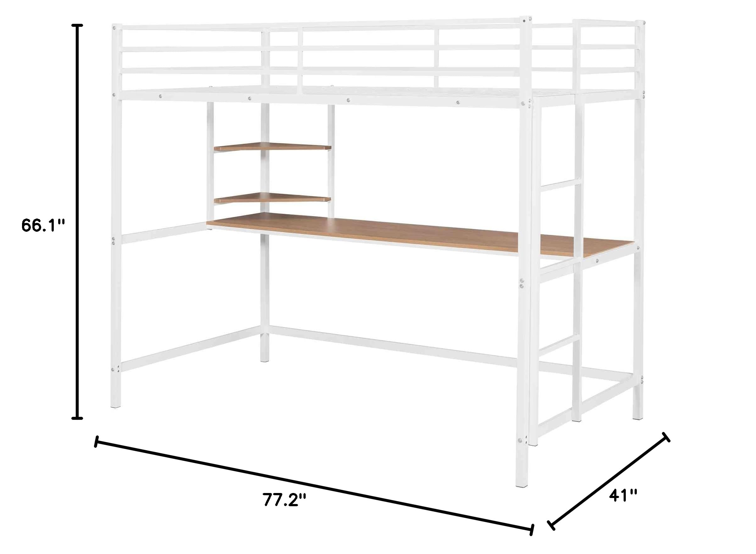 ATY White Metal Twin Size Loft Bed with Desk & Shelves - Space Saving Steel Bed Frame with Ladder for Small Bedroom, Dorm Room - Easy Assembly Study & Sleep Solution for Teens & College Students