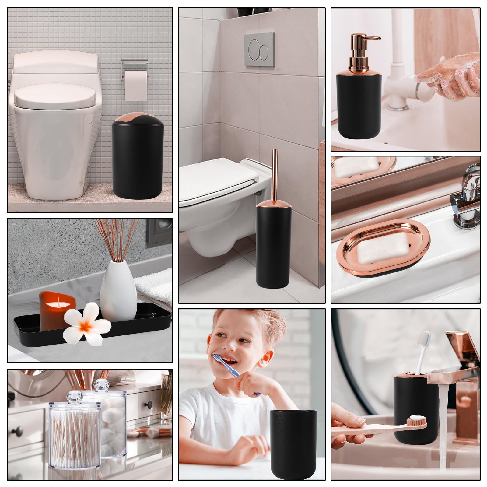 9-Piece Black Bathroom Accessories Set - Modern Trash Can, Soap Dispenser, Soap Dish, Toilet Brush with Holder, Toothbrush Holder, Tumbler Cup, Tray & Q-Tip Holders | Bathroom Countertop Organizer Essentials for Home & Hotel Use