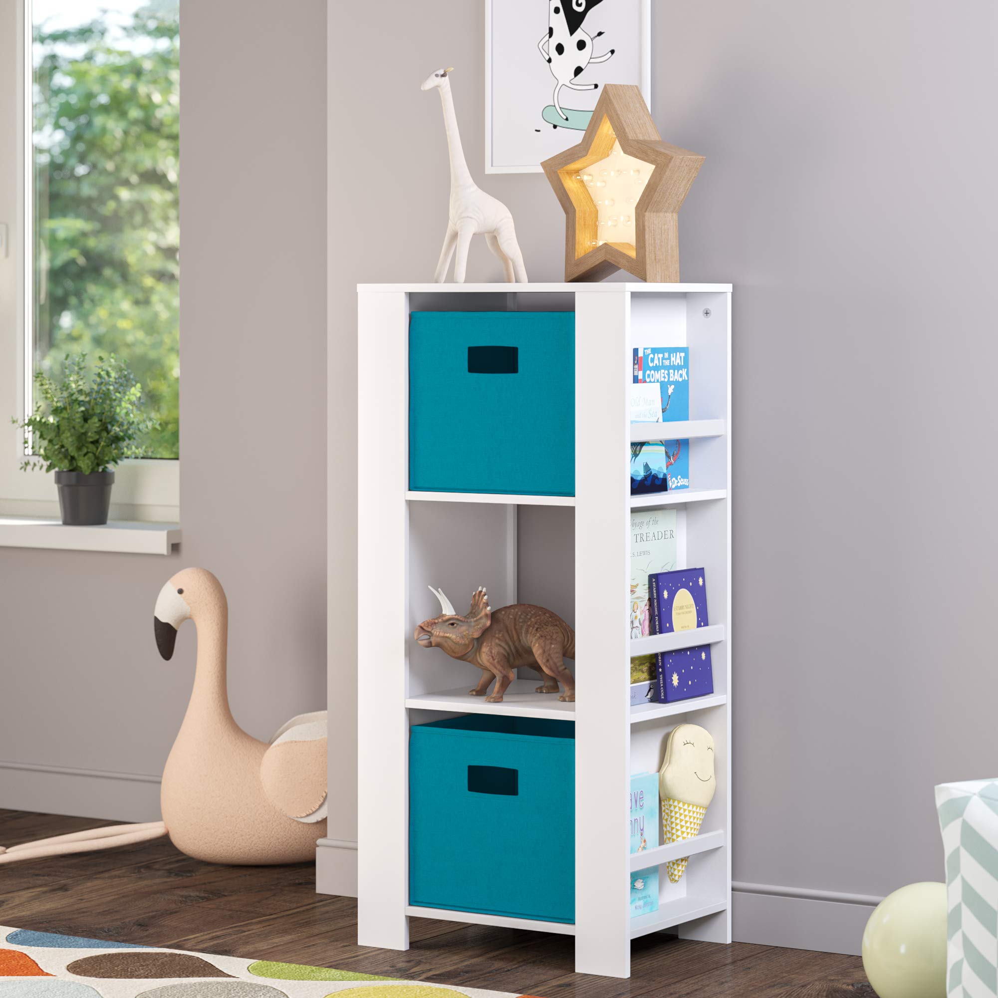 RiverRidge Book-Nook Tower Kids Bookshelf & Toy Storage Organizer with 3 Cubbies, 2 Turquoise Folding Bins & 6 Book Racks - Space-Saving Playroom Organizer for Children's Bedroom, Nursery or Classroom