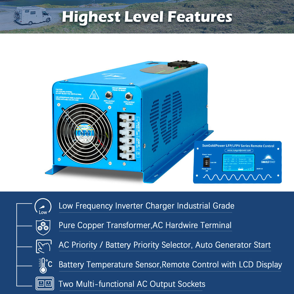 SunGoldPower 6000W 24V Pure Sine Wave Inverter with Charger - Split Phase Power Converter for RVs, Solar Systems & Off-Grid Living