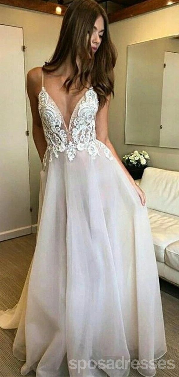 Elegant Champagne Spaghetti Straps Backless Wedding Dress for Bride - Affordable A-Line Bridal Gown WD611 | Perfect for Beach Weddings, Vow Renewals & Romantic Photoshoots