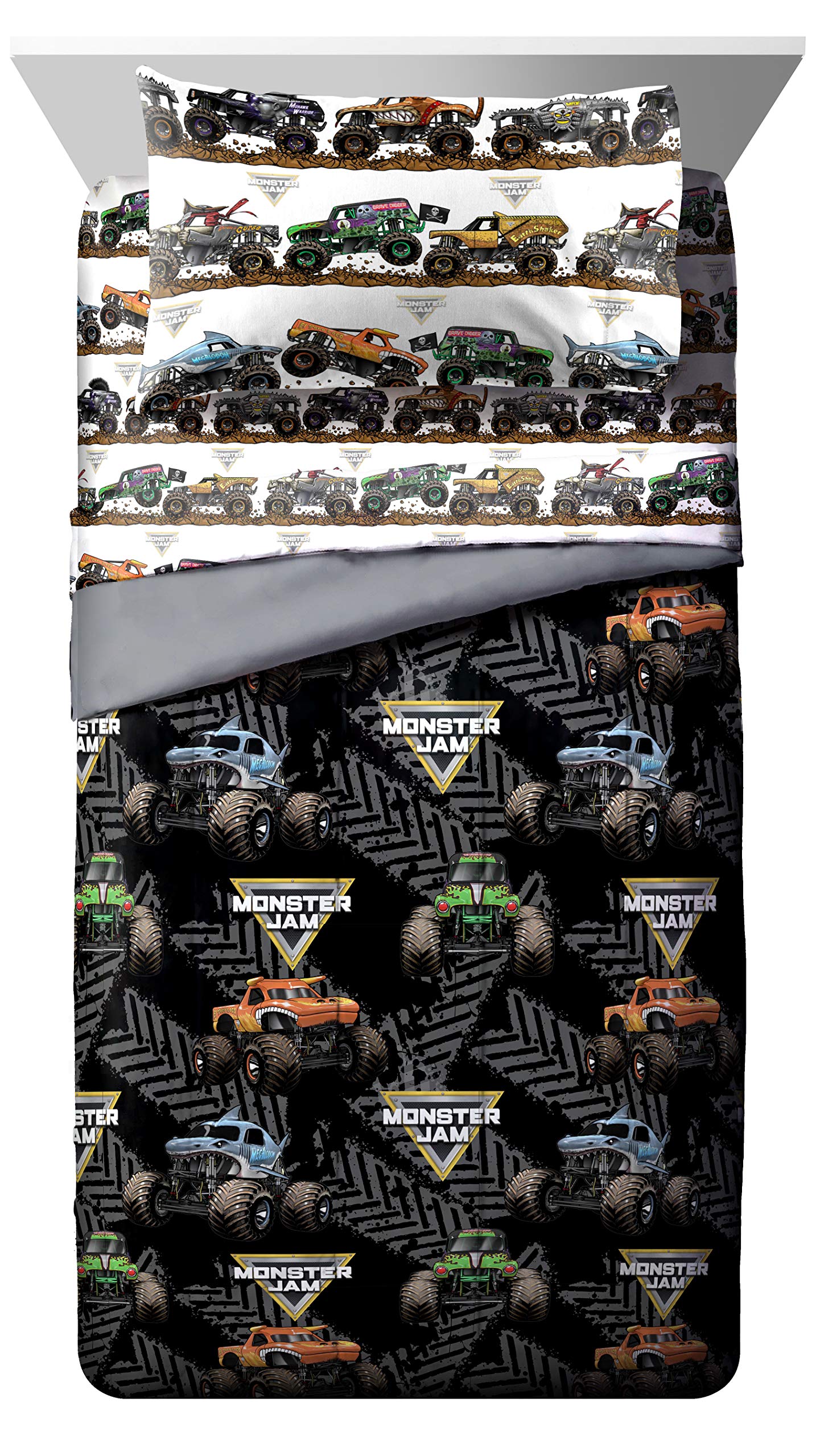 Jay Franco Monster Jam Tracks 4-Piece Twin Bedding Set - Official Grave Digger & Megalodon Comforter & Sheet Set - Ultra Soft Fade Resistant Microfiber - Perfect for Kids' Rooms & Monster Truck Themed Bedrooms