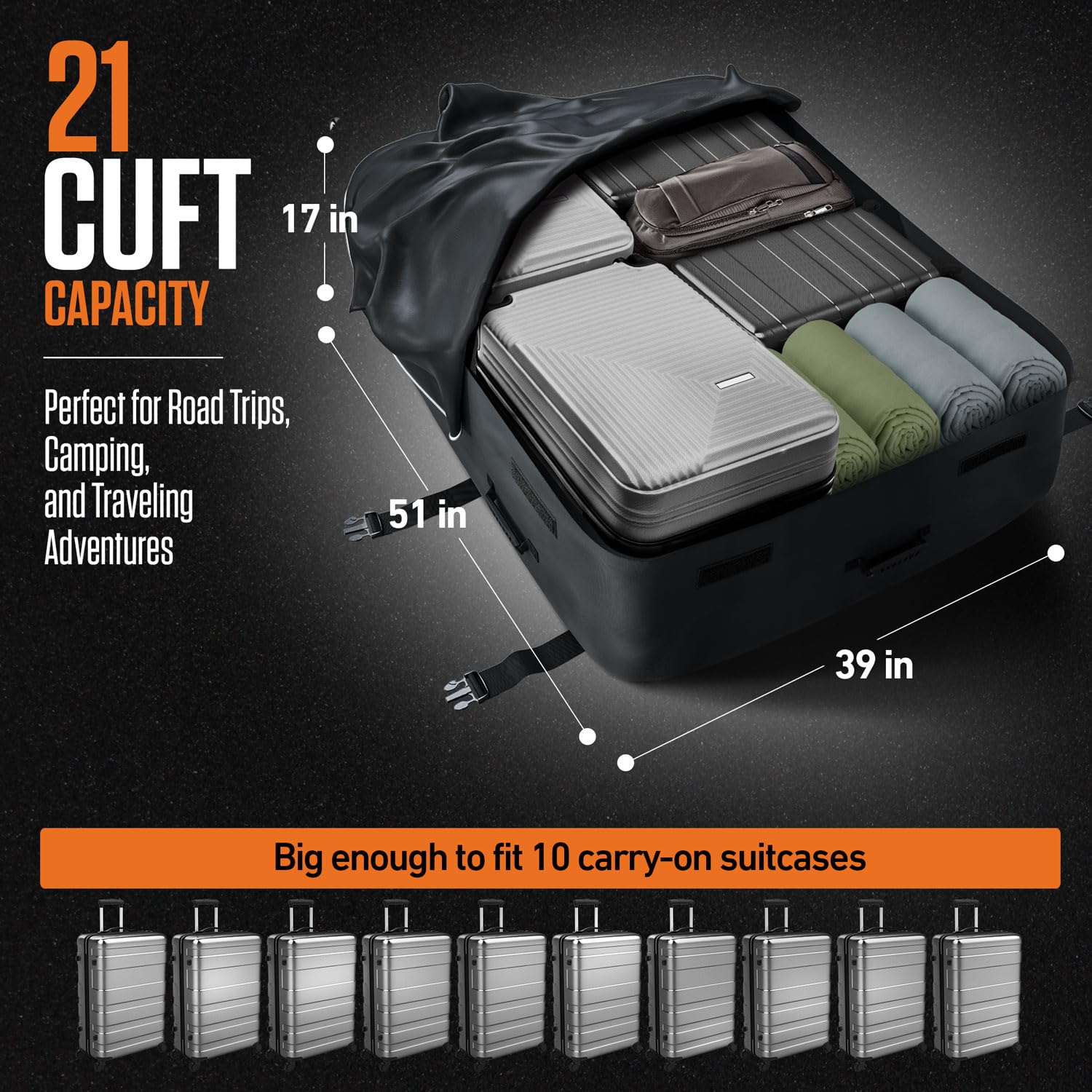 VENTURE 4TH 21 Cubic Feet Waterproof Rooftop Cargo Carrier Bag - Heavy Duty Car Roof Storage with Tie-Down & Compression Straps - Fits SUVs, Sedans, Trucks (With/Without Roof Racks) - Perfect for Road Trips, Camping & Travel Gear Storage