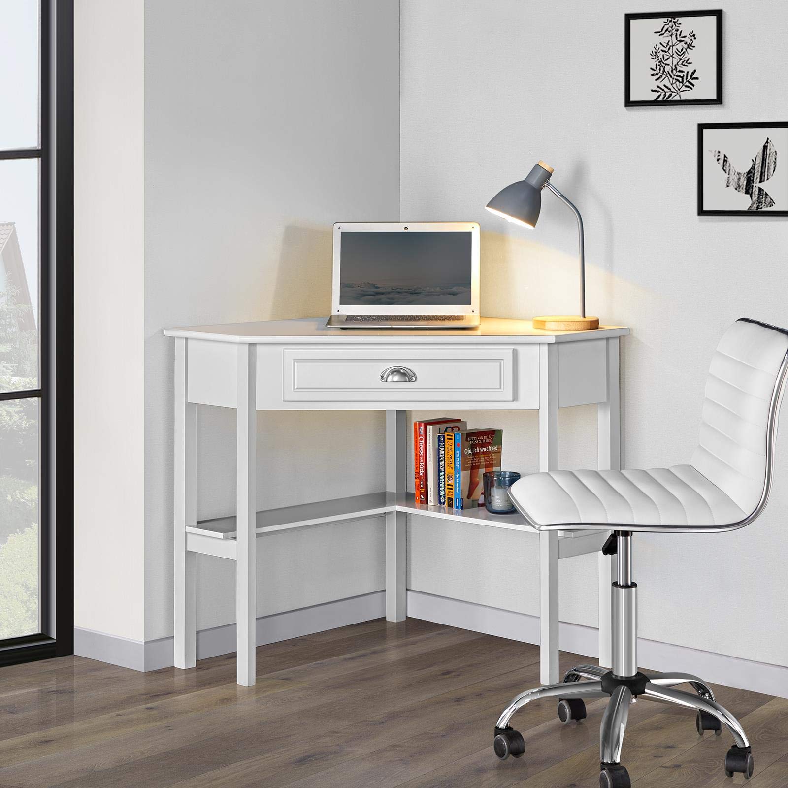 Yaheetech White Home Office Desk & Chair Set - Corner Writing Study Desk with Drawer & Shelf, PU Leather Low Back Armless Rolling Chair - Perfect for Home Office, Living Room, Study & Small Spaces