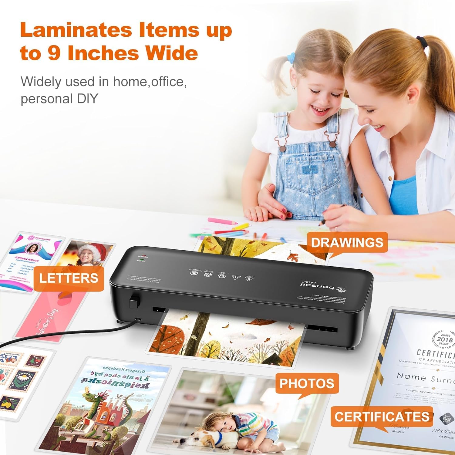 Bonsaii 9 Inch Thermal Laminator Machine with Never Jam Technology - Home & Office Laminating for Documents, Photos, Posters (Model L418-C, Black) | Perfect for School Projects, ID Cards, and Craft Preservation