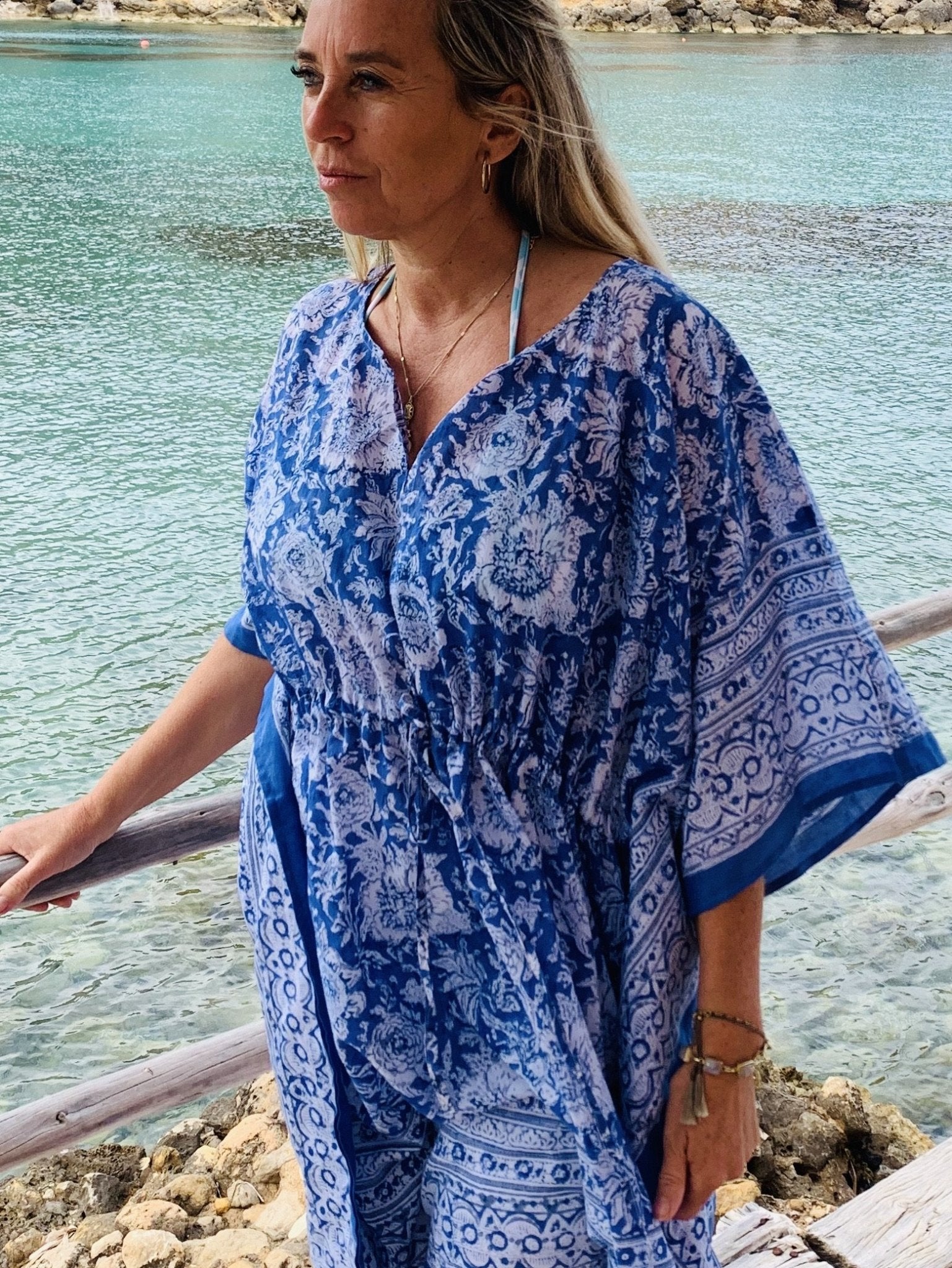 Stylish Blue Block Print Short Kaftan Dress - Perfect for Beach, Vacation & Summer Outfits