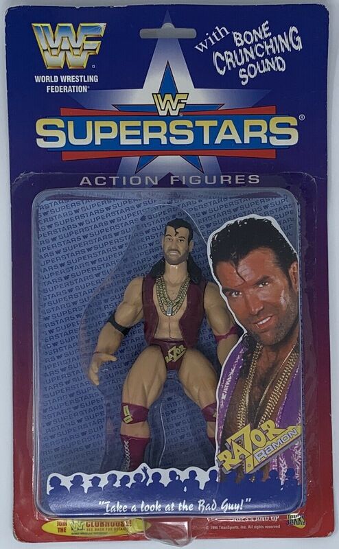 1996 WWF Jakks Pacific Superstars Series 1 Razor Ramon Action Figure with Butterfly Card - Vintage Wrestling Collectible for Display & Nostalgic Fans