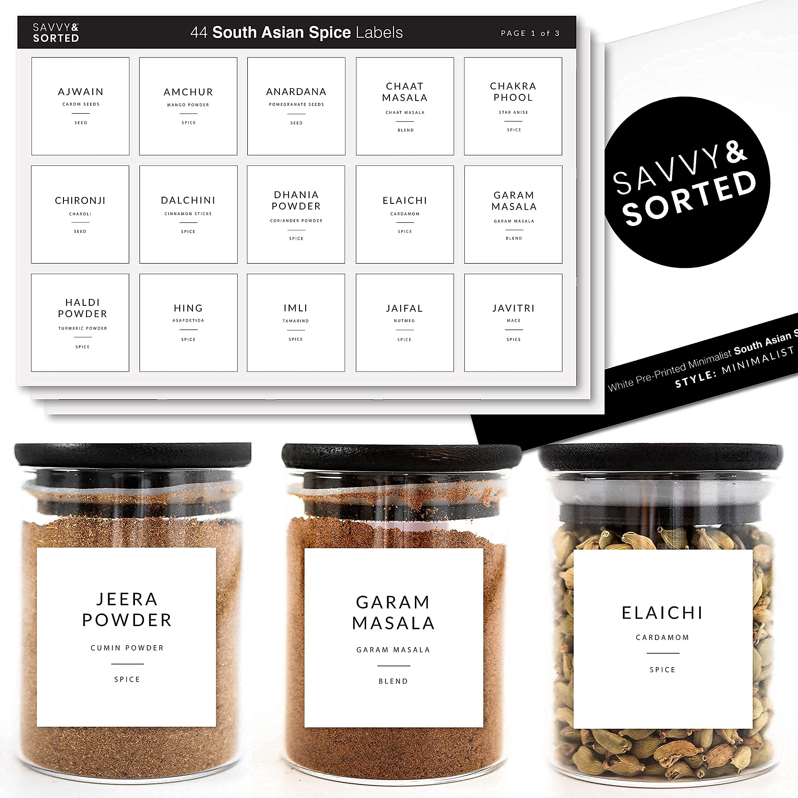 SAVVY & SORTED Waterproof Spice Jar Labels - 44 Premium South Asian Spice Stickers for Organizing Indian Spices in Kitchen Pantry | Perfect for Masala Dabba & Spice Rack Organization