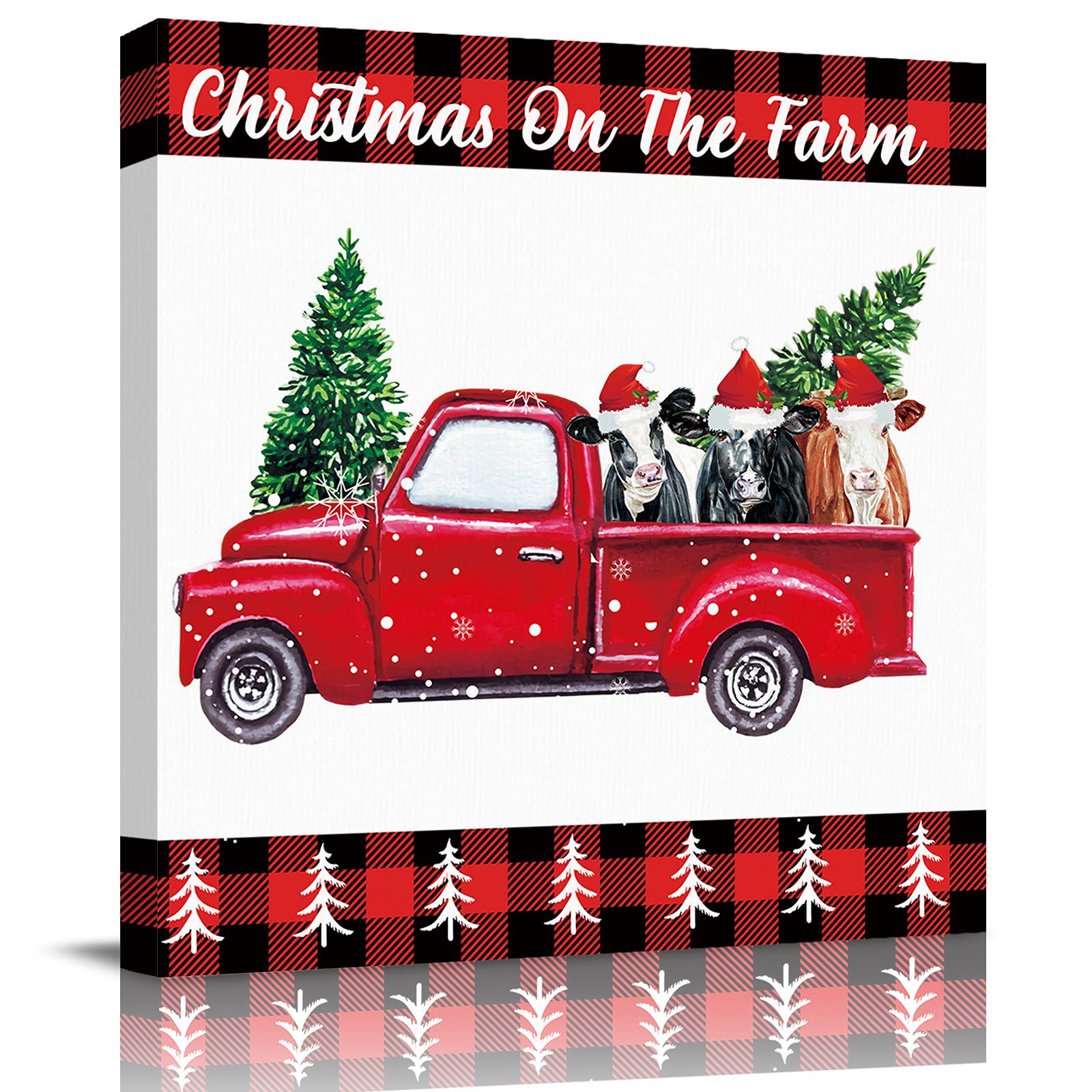 Farm Truck Christmas Canvas Wall Art - Buffalo Plaid Border Framed Painting for Bathroom, Living Room, Kitchen & Office Decor | Ready to Hang Holiday Home Décor for Cozy Farmhouse Style