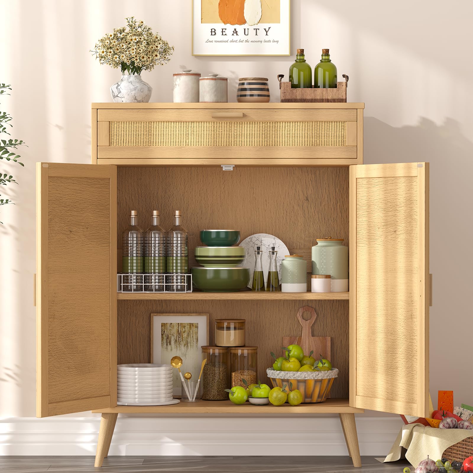 Rovaurx Natural Rattan Accent Floor Storage Cabinet with Large Drawer - Freestanding Bathroom Organizer Cabinet for Bedroom, Living Room & Home Decor (BMGZ107M)