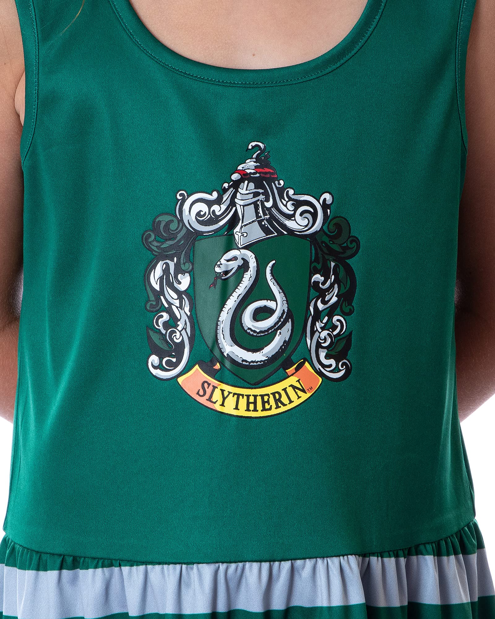 Harry Potter Girls Pajama Nightgown with All Houses Crest Logo & Stripe Accent - Comfortable Sleepwear for Kids, Halloween Costume & Themed Birthday Party Outfit
