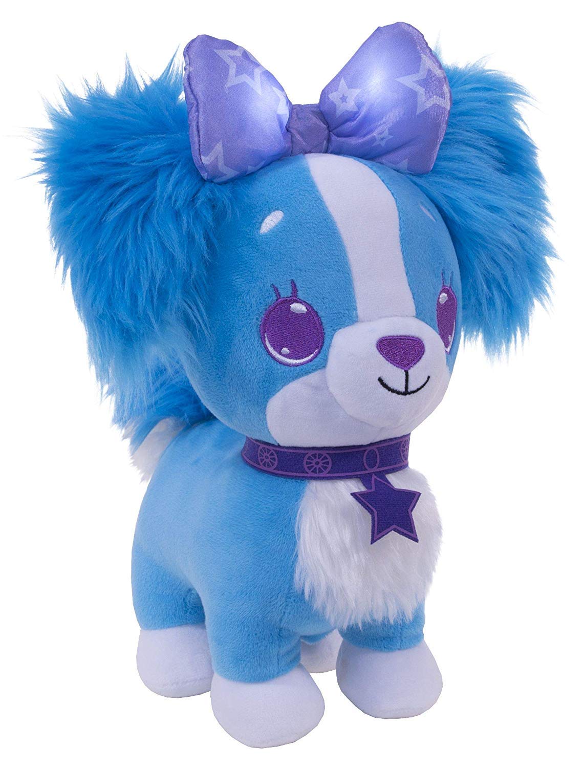 LED Light Up Plush Stuffed Animals - Fluffy Blue Cavalier Puppy with Purple Bow - Soft Glow Toy for Pets, Kids Room Decor & Nighttime Comfort