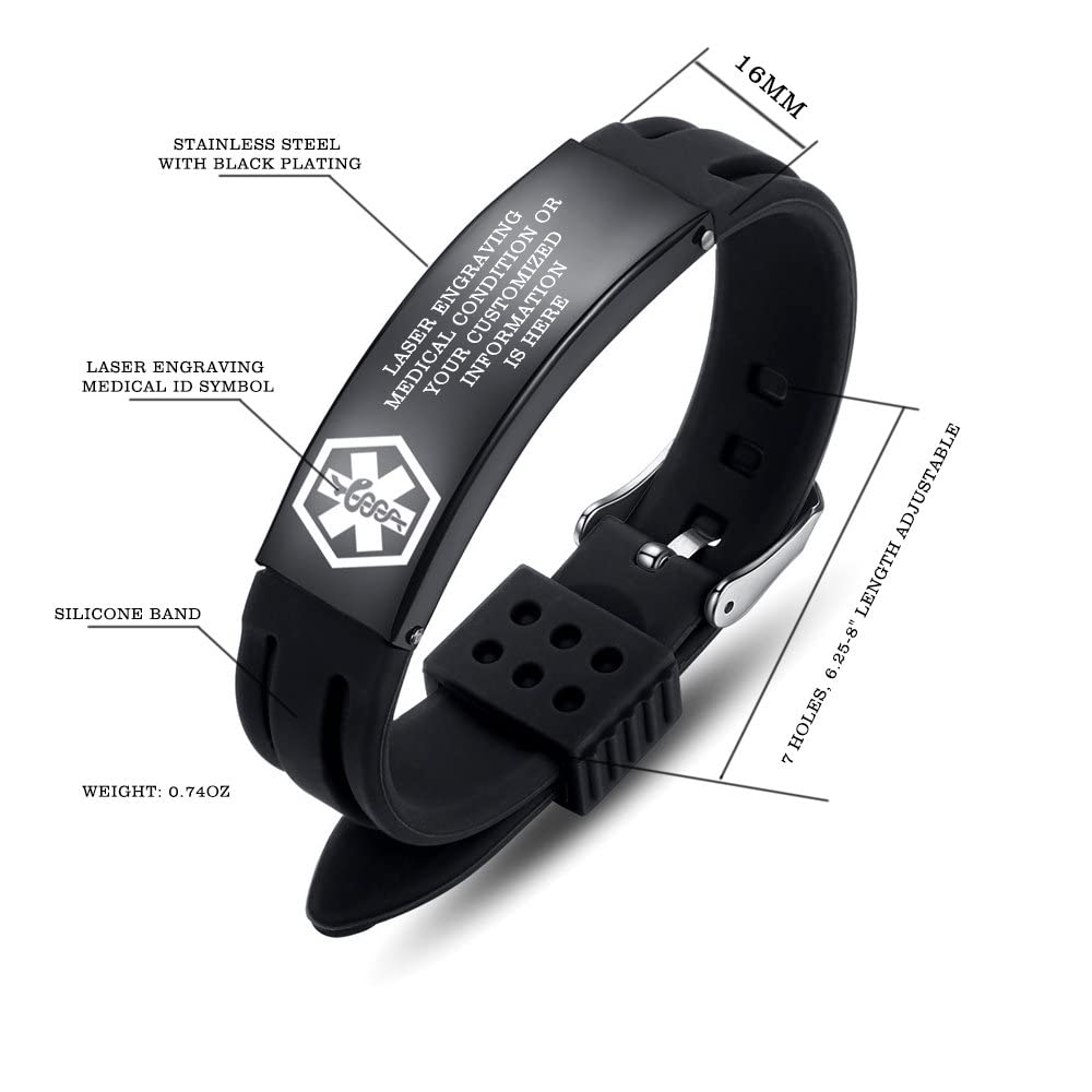 Adjustable Medical Alert Bracelet for Men & Women - Sport Silicone Medical ID Bracelet with Free Engraving (8.5 Inches) - Perfect for Emergency Health Identification During Sports & Outdoor Activities