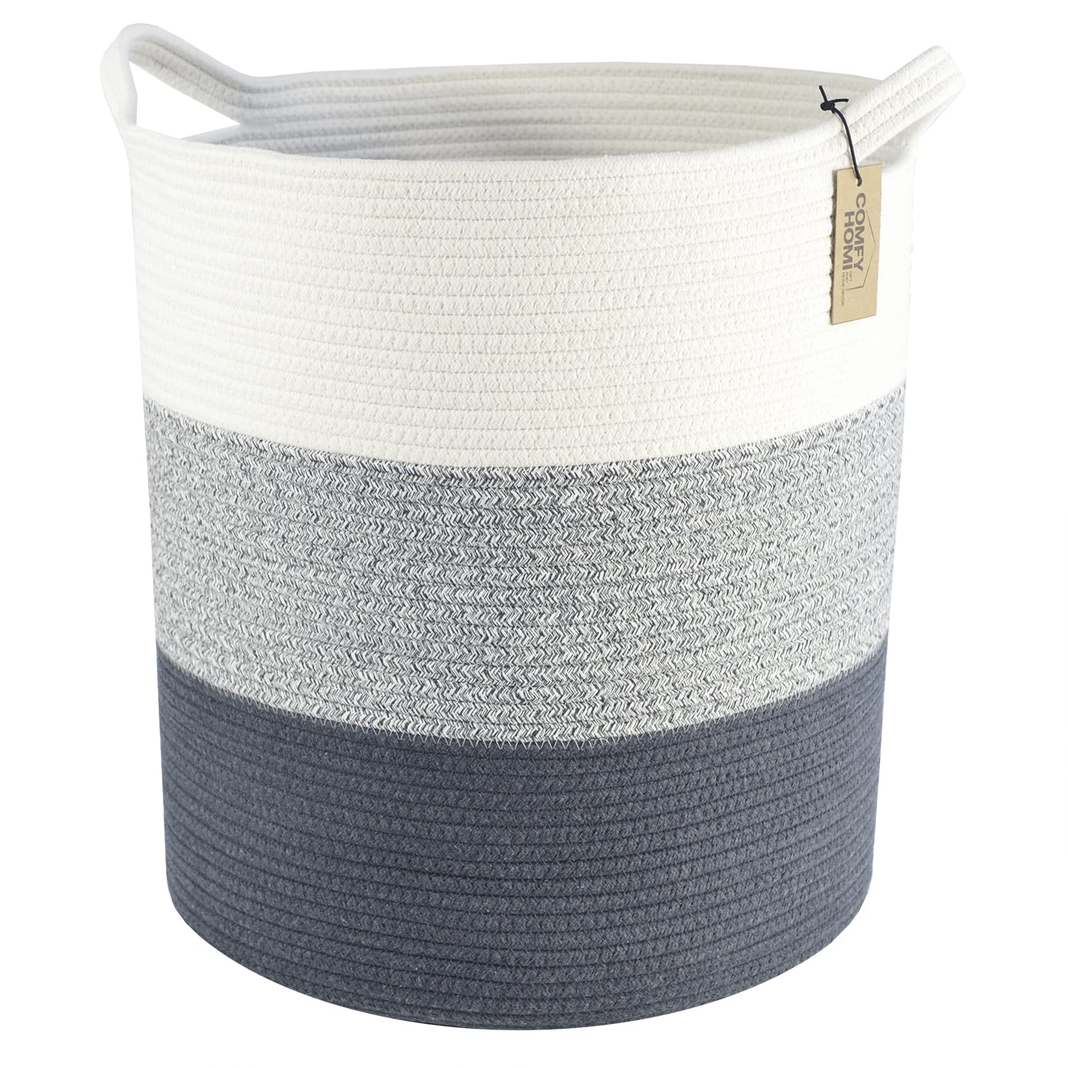 COMFY-HOMI XXL Large Laundry Basket with Handles - Woven Cotton Rope Storage Organizer for Blankets, Toys & Clothes (16”x18”, 3-Tone Grey) | Perfect for Nursery, Living Room & Pet Toy Storage