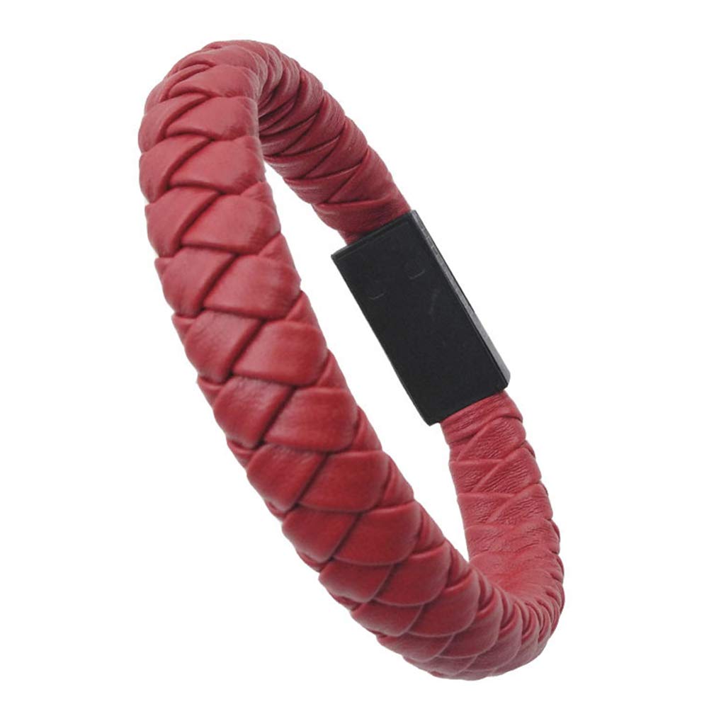 MOHALIKO USB Charging Cable Bracelet - Portable Faux Leather Woven Bracelet with Type-C & Micro USB Connectors for Smartphones & Devices (Red) - Perfect for Travel, Gym & On-the-Go Charging