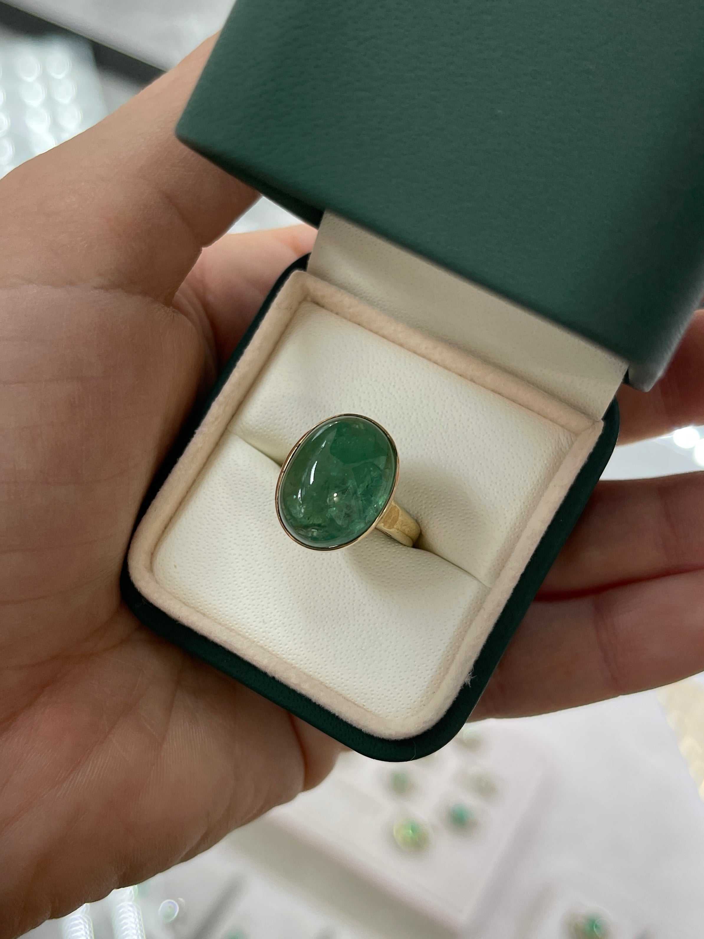 16.37 Carat Large Deep Green Cabochon Emerald Solitaire Bezel Ring in 14K Gold - Elegant Jewelry for Weddings, Anniversaries & Special Occasions