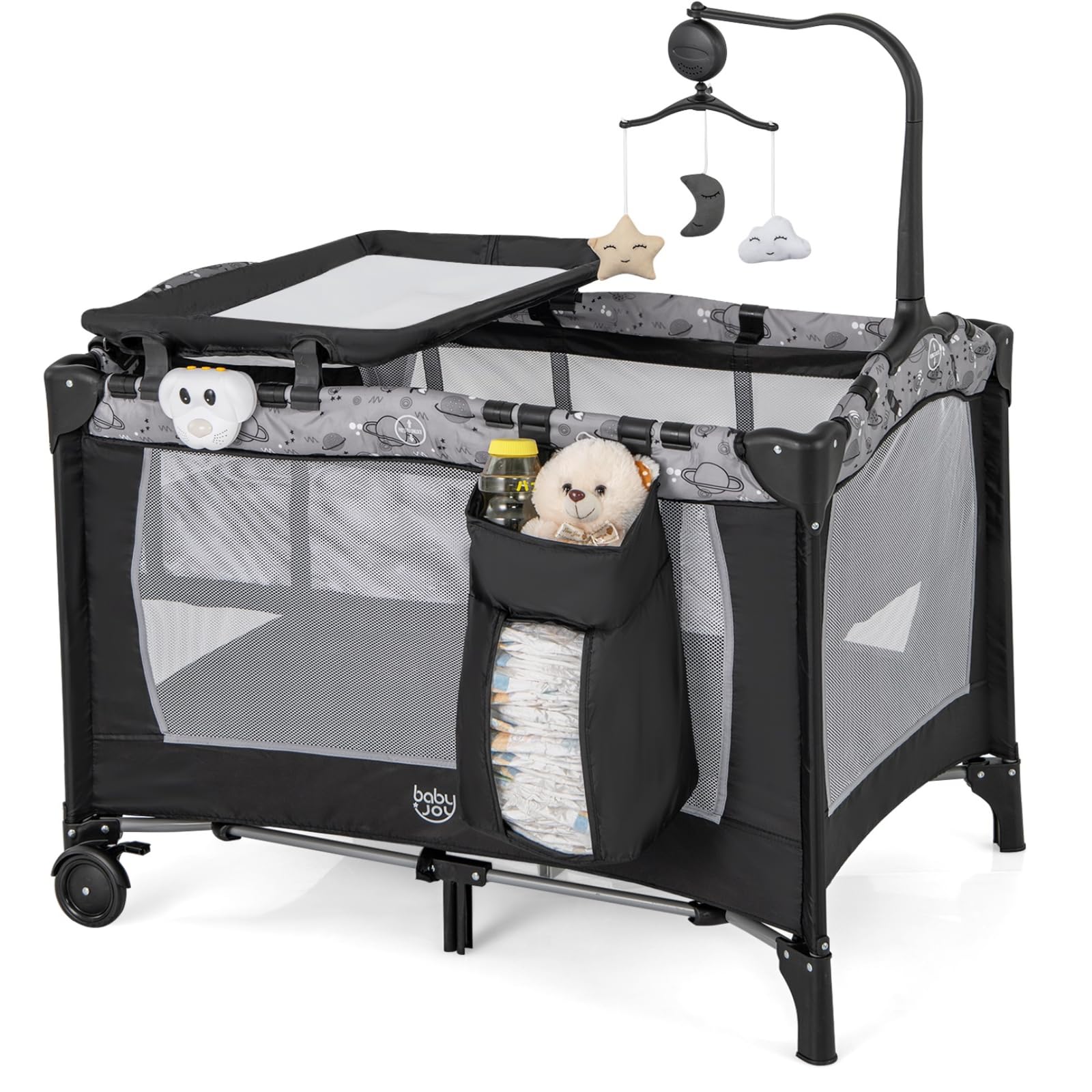 Baby Joy 3-in-1 Portable Playard with Bassinet & Changing Table - Foldable Travel Crib with Lockable Wheels, Soothing Music Box - Newborn to Toddler Bed for Nursery, Daycare & Family Travel