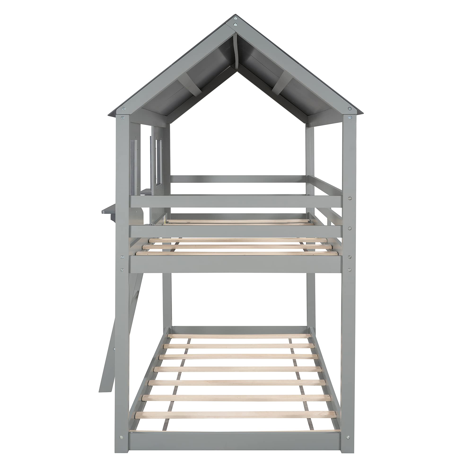 LZ LEISURE ZONE Twin Over Twin Wood Bunk Bed Frame with Roof, Window, Guardrail & Ladder - Dark Grey | Space-Saving Kids Bedroom Furniture for Small Rooms, Sleepovers & Shared Sibling Rooms