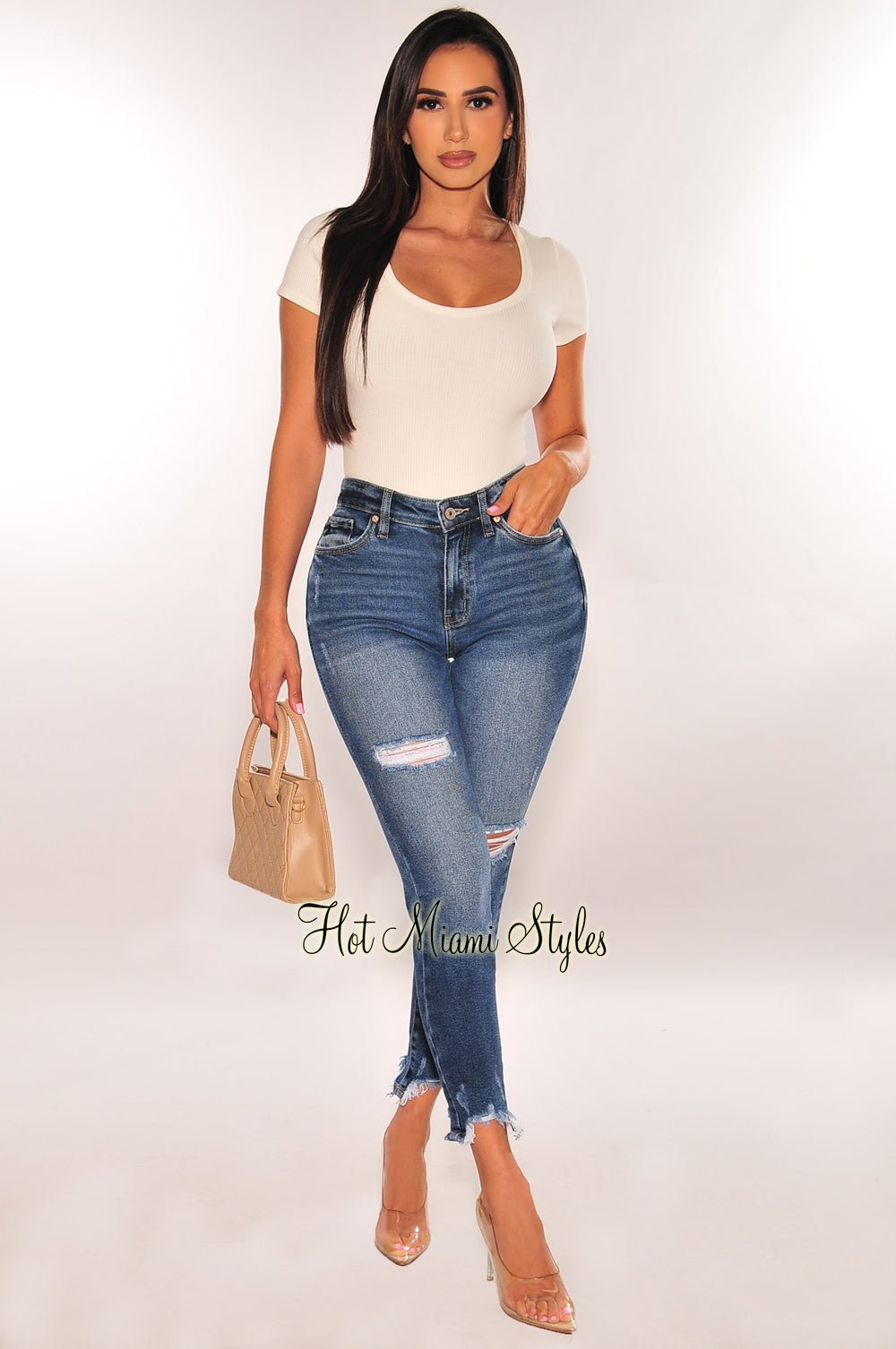 Distressed Dark Blue High Waist Denim Jeans with Frayed Hem - Vintage Style Women's Skinny Jeans for Casual Outfits & Streetwear Fashion
