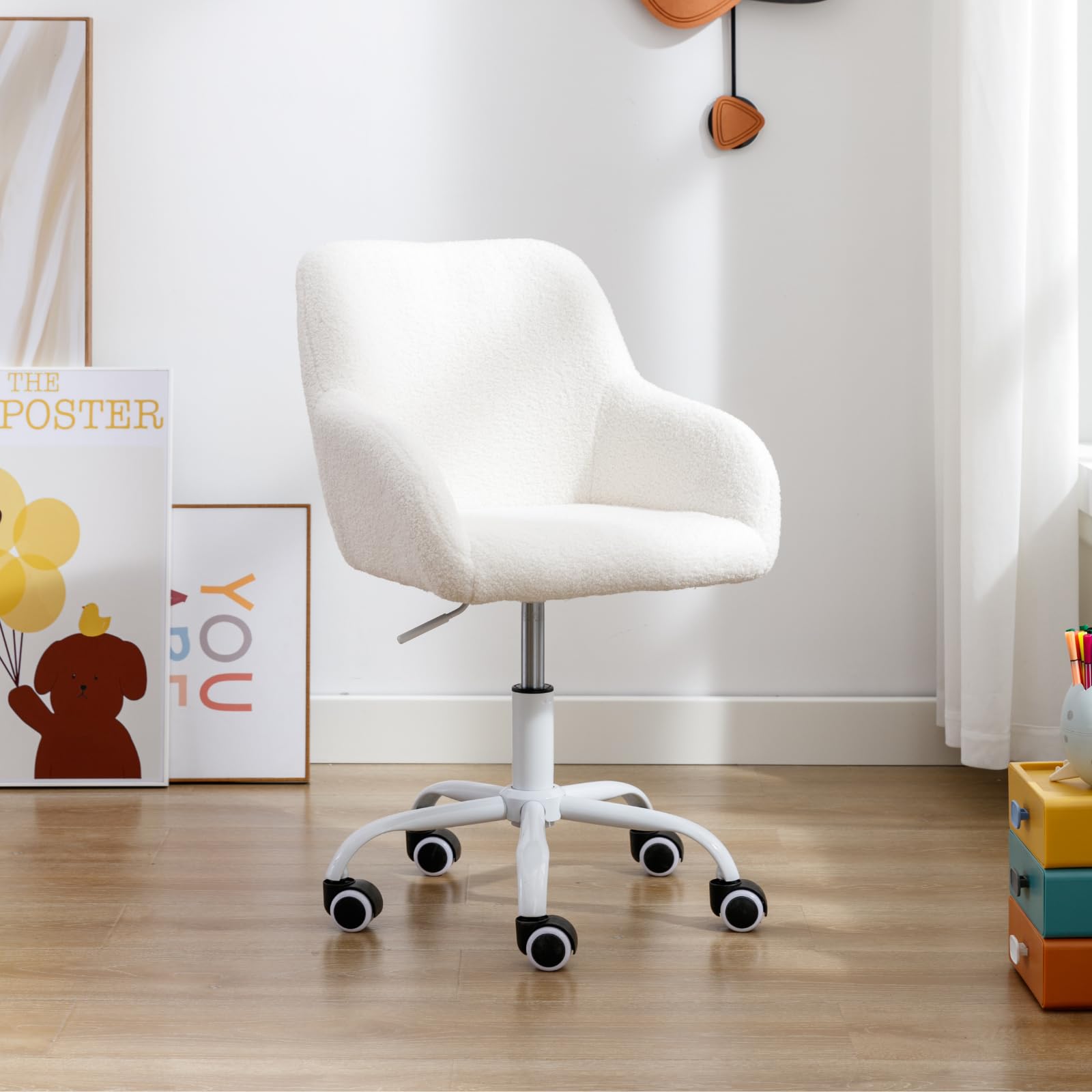 LukeAlon Adjustable Kids Desk Chair - Ergonomic Swivel Study Chair with Sherpa Upholstery & Arms for Children, Girls & Boys - Perfect for Reading, Homework & Computer Use - White