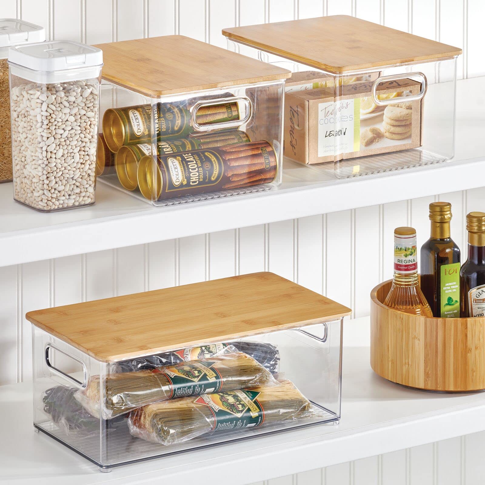 mDesign Plastic Stackable Kitchen Pantry Cabinet Organizer - 8-Pack Clear/Natural Food Storage Bins with Bamboo Lids & Built-In Handles - Perfect for Organizing Fruits, Snacks, Pasta & Jars in Pantry, Cabinet or Countertop - Ligne Collection