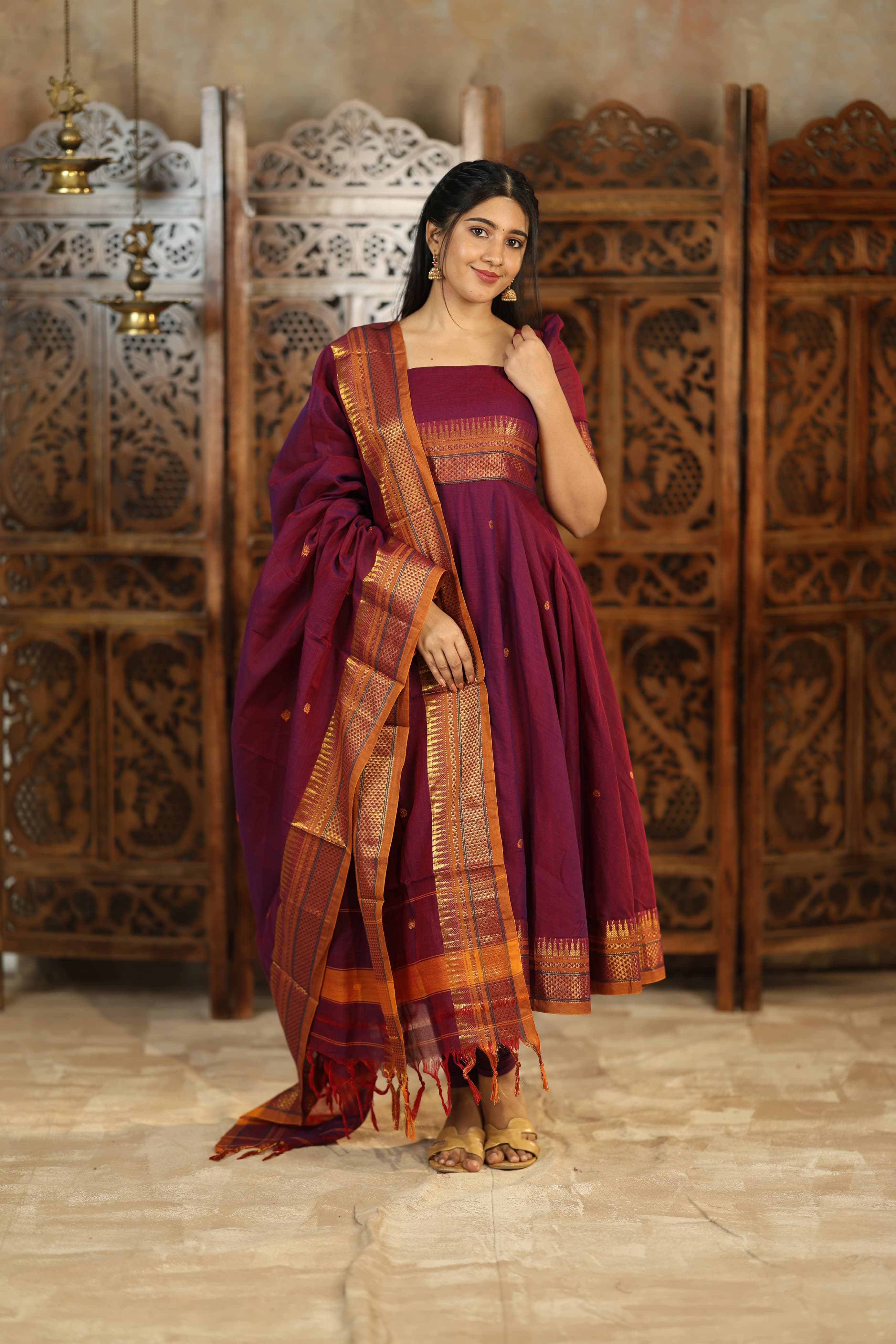 DD765 Yamuna Pure Cotton Anarkali Dress - Elegant Indian Ethnic Wear for Women | Perfect for Festivals, Weddings & Special Occasions
